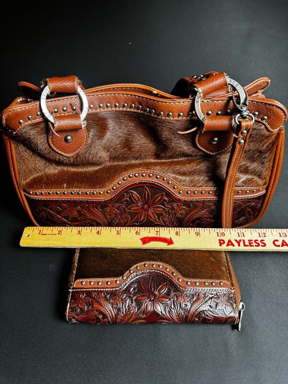 Trinity Ranch Western Floral Tooled Leather and Cowhide Purse and Wallet Set - Picture 8 of 12